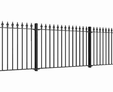Modern black metal garden fencing panels installed on a low brick wall for a private residence